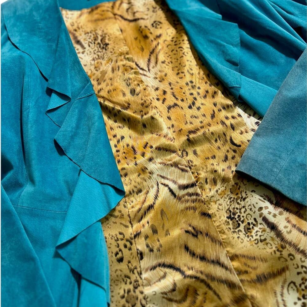 Vintage 90s Scully Turquoise Blue Ruffle Suede Leather Long Jacket size XS Tiger - Picture 4 of 9